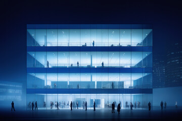 Illustration of a modern office building with silhouettes of people walking around, set against a blue night sky with reflections Ai generative.