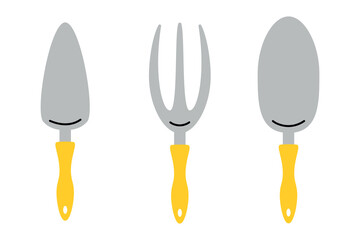 Garden tools. Farming work instruments. Gardening equipment. Small shovel and scoop. Agricultural spade and rake. Plants cultivating. Isolated pitchfork. farming flat elements set