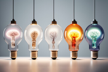 Light bulbs with a creative twist, featuring a tree and brain inside to represent innovative ideas. Ai generative.