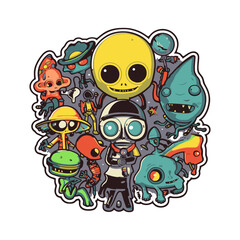 Cartoon alien sticker. Vector illustration.