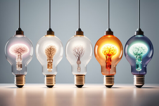 Light bulbs with a creative twist, featuring a tree and brain inside to represent innovative ideas. Ai generative.