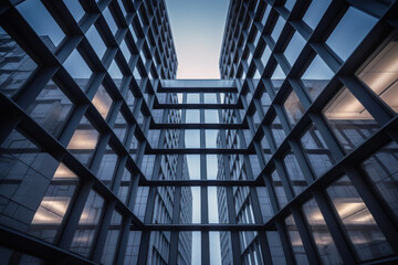 Obraz premium Modern Corporate Skyscraper with Futuristic Glass Facade and Blue Sky Perspective. Elevating Success Ai generative.