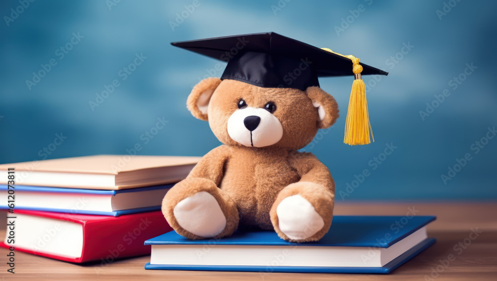 Wall mural Embracing education and success with books, knowledge, and a heartwarming smile teddy bear graduation. Ai generative.