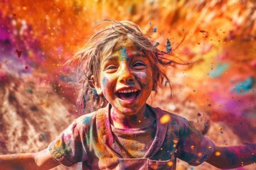 Celebration of Holi festival day colorful illustration of a child covered in paint illustration.Generated with AI.