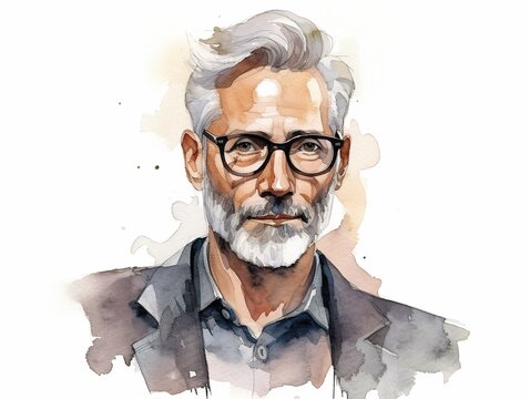 Watercolor painting portrait of senior businessman with beard and glasses, successful ceo in suit. Generative AI