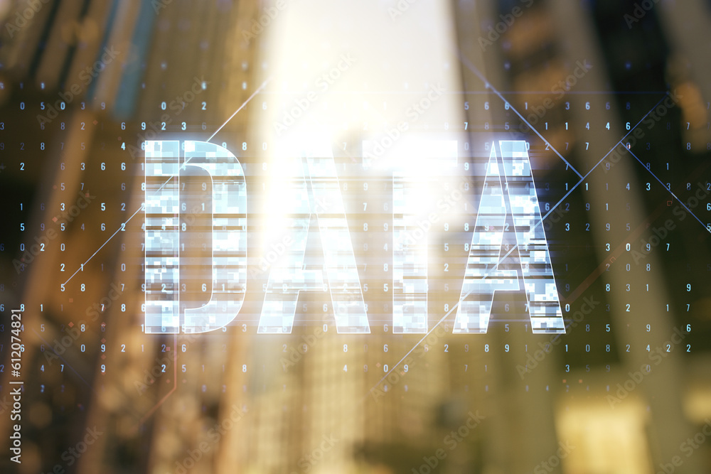 Poster data word hologram on blurry cityscape background, big data and blockchain concept. multiexposure