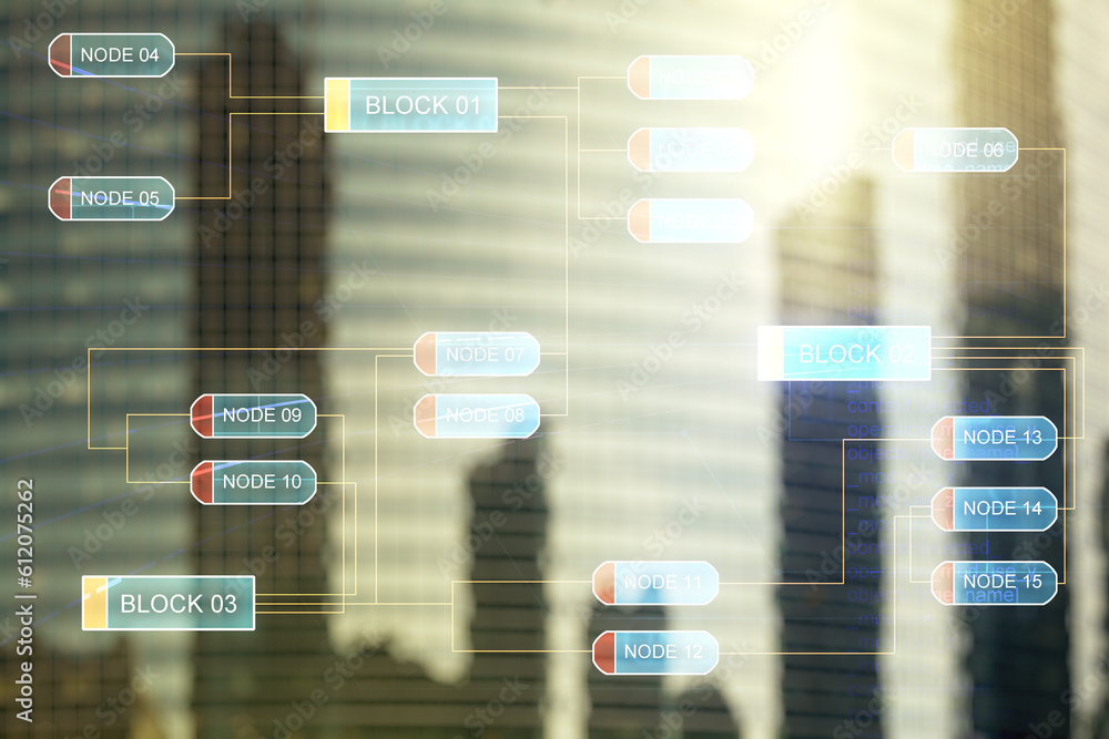Poster Double exposure of abstract creative programming illustration on blurry cityscape background, big data and blockchain concept