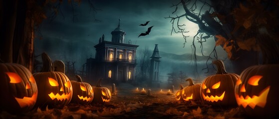 Un chateau lugubre de nuit avec des citrouilles d'halloween