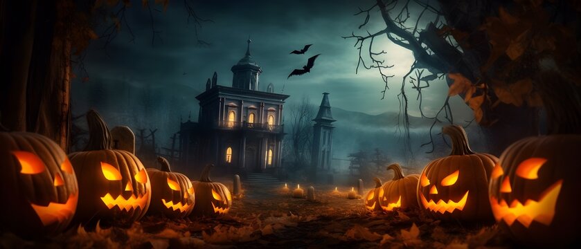 Un chateau lugubre de nuit avec des citrouilles d'halloween