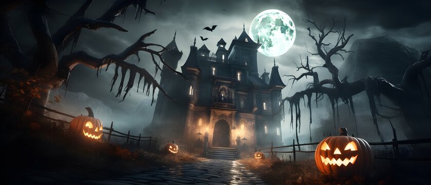 Un chateau lugubre de nuit avec des citrouilles d'halloween