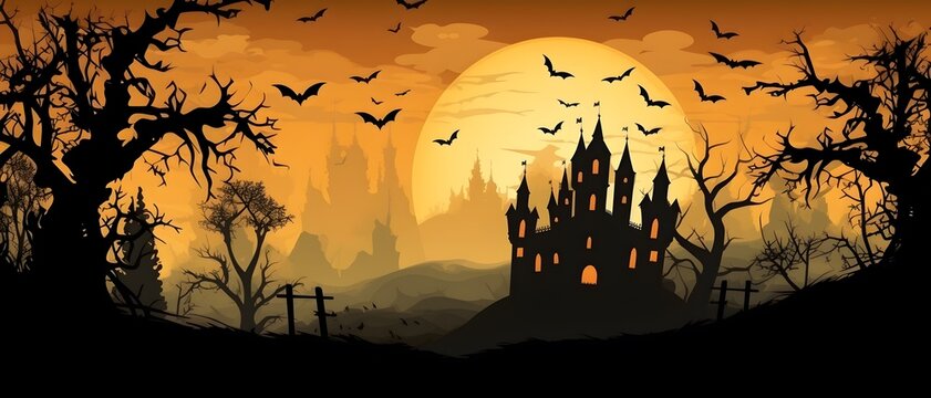 Un chateau d'halloween avec des chauves souris sur fond orange