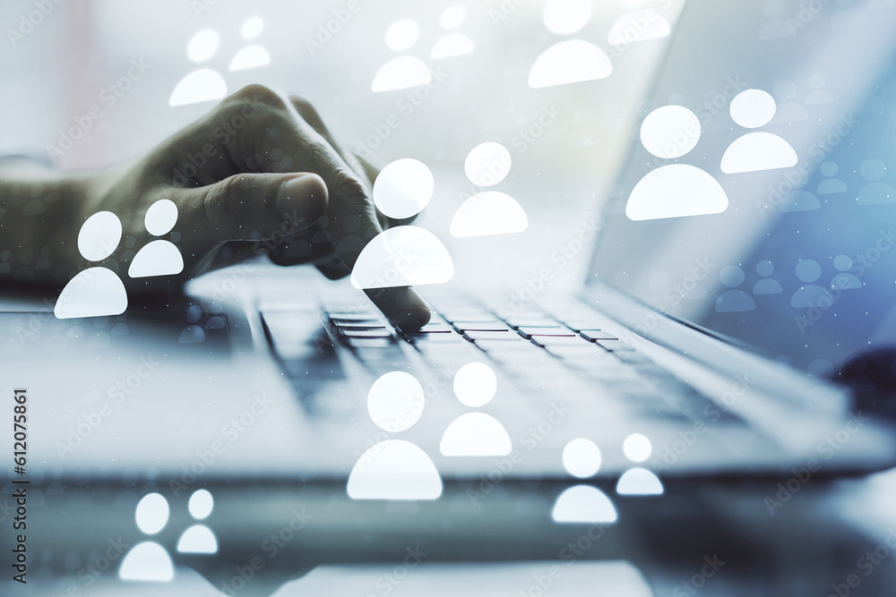 Poster social network media concept with hands typing on computer keyboard on background. double exposure