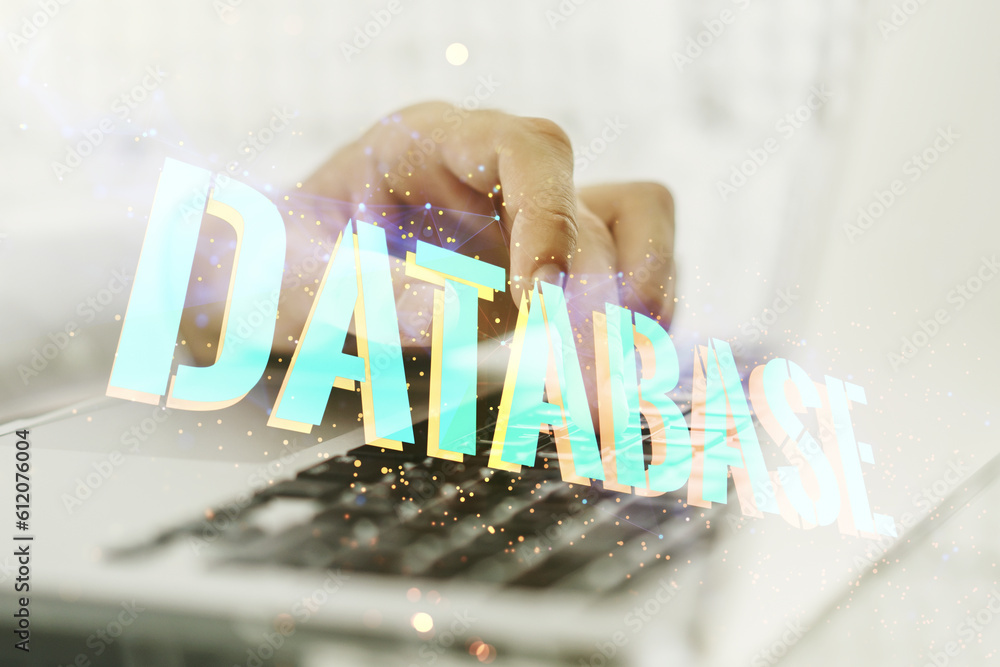 Aufkleber double exposure of database word sign with hands typing on computer keyboard on background, global r
