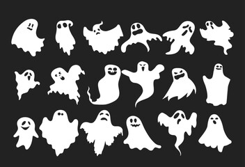 Monochrome ghost apparition spook horror set. Ghost shadow funny. ghost sheet for halloween character design. Isolated vector illustration.