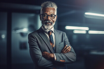 Portrait of confident senior african american businessman in suit, CEO with glasses and crossed arms, successful black entrepreneur in office. Generative AI