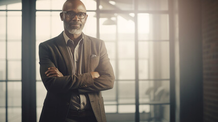 Fototapeta premium Portrait of confident senior african american businessman in suit, CEO with glasses and crossed arms, successful black entrepreneur in office. Generative AI