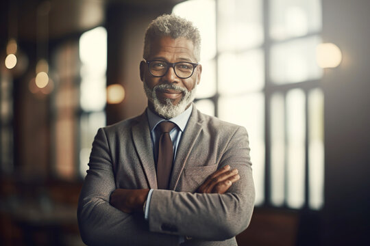 Portrait of confident senior african american businessman in suit, CEO with glasses and crossed arms, successful black entrepreneur in office. Generative AI