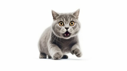 Fototapeta premium Close-up Funny Portrait of Frightened Cat with Huge Eyes. Isolated on White Background. AI generative.