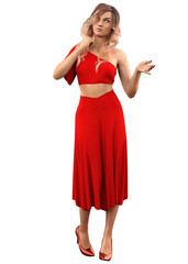 3D Woman in red skirt and top