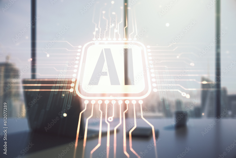 Poster creative artificial intelligence symbol concept and modern desktop with computer on background. mult