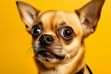 Generative AI.
a cute dog with bulging eyes on a yellow background