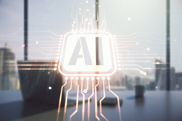 Creative artificial Intelligence symbol concept and modern desktop with computer on background. Multiexposure