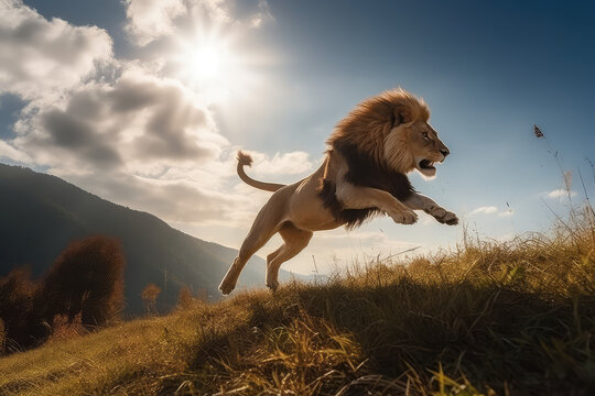 A wild lion runs in the wilderness, sunshine. Shot of a lion jumping in motion. Sunny day, landscape with lion in natural habitat. Generative AI professional photo imitation.