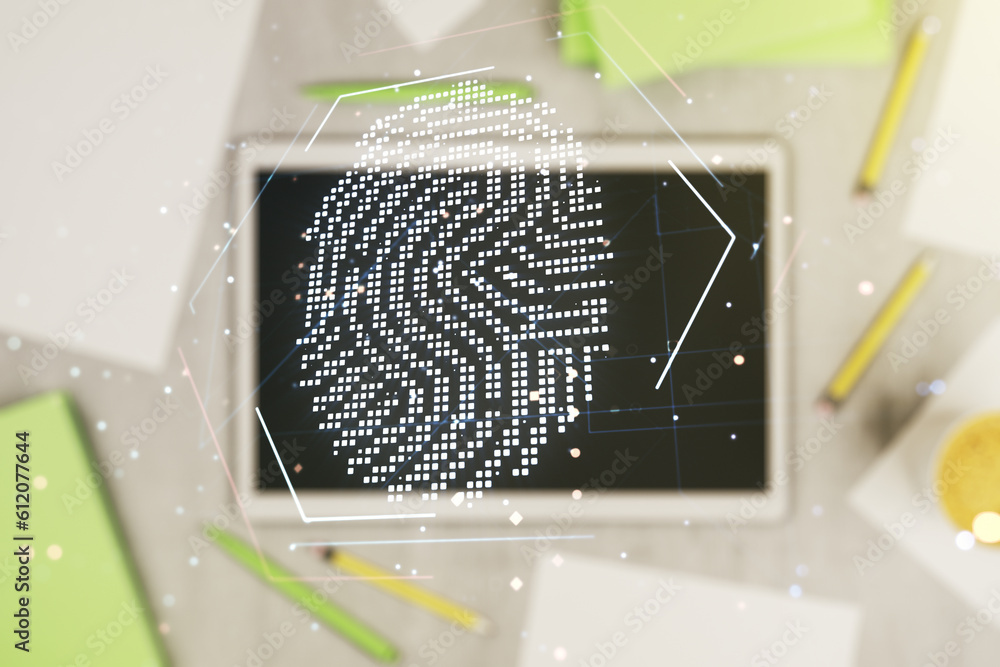 Aufkleber Abstract creative fingerprint illustration and modern digital tablet on desktop on background, top view, personal biometric data concept. Multiexposure