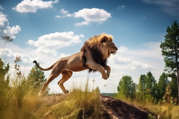 A wild lion runs in the wilderness. Shot of a lion jumping in motion. Sunny day, clear sky, landscape with lion in natural habitat. Generative AI professional photo imitation.