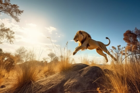 A wild lion runs in the wilderness. Shot of a lion jumping in motion. Sunny day, desert, landscape with lion in natural habitat. Generative AI professional photo imitation.