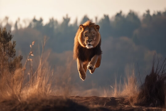 A wild lion runs in the wilderness. Shot of a lion jumping in motion, front view. Sunny day, landscape with lion in natural habitat. Generative AI professional photo imitation.
