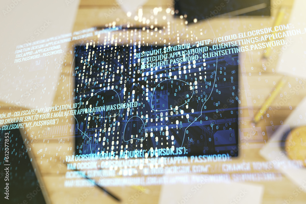 Poster creative code skull hologram and modern digital tablet on desktop on background, top view, cybercrim