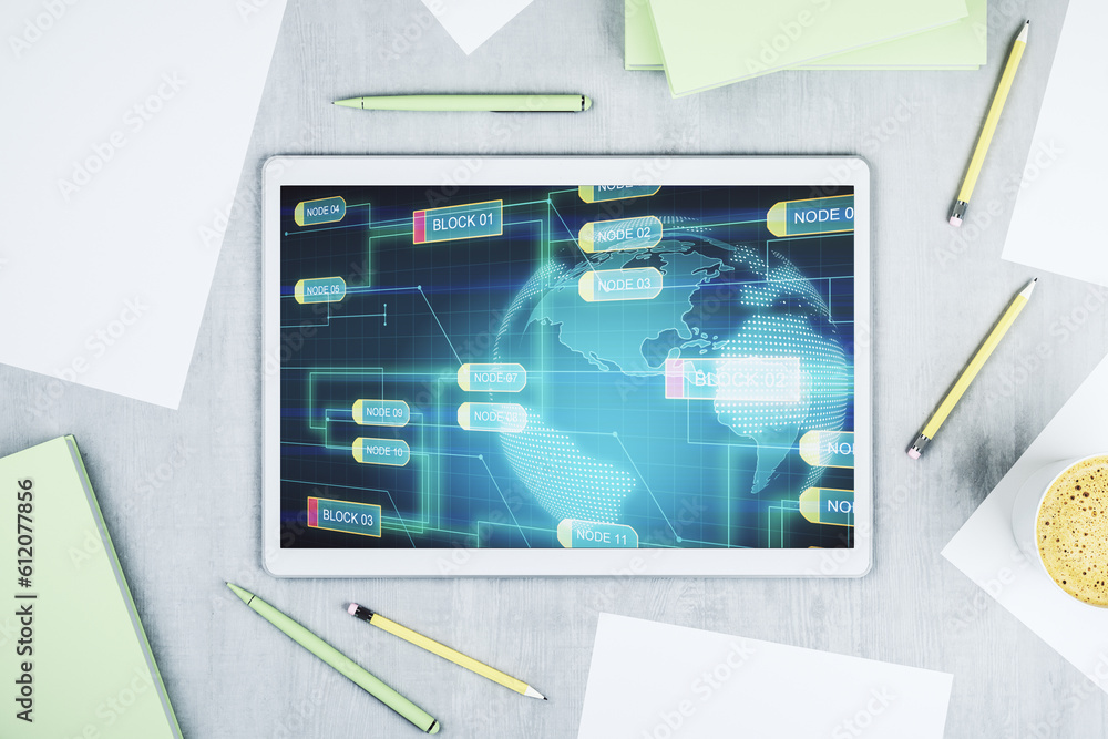 Leinwandbilder Modern digital tablet monitor with abstract programming language and world map, research and development concept. Top view. 3D Rendering