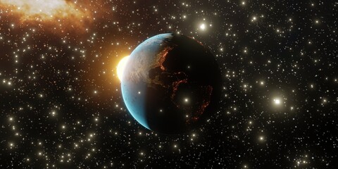 Panoramic view of planet Earth with copy space. Planet Earth with spectacular sunrise. Elements are part of NASA. 3D render.