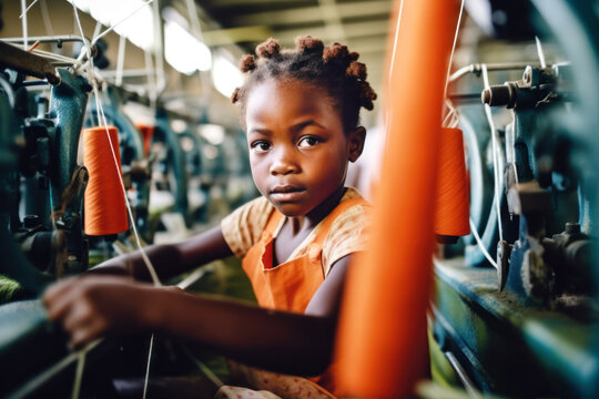 Small African black girl portrait with blurred textile factory background, Illegal child labour in sweatshop manufacturing concept, documentary style. Generative AI