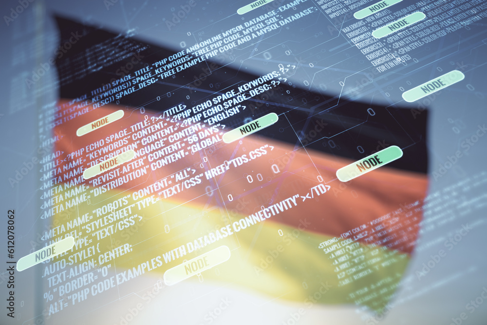 Poster double exposure of abstract creative programming illustration on flag of germany and blue sky backgr