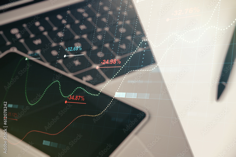Poster Multi exposure of stats data illustration on modern laptop background, computing and analytics concept