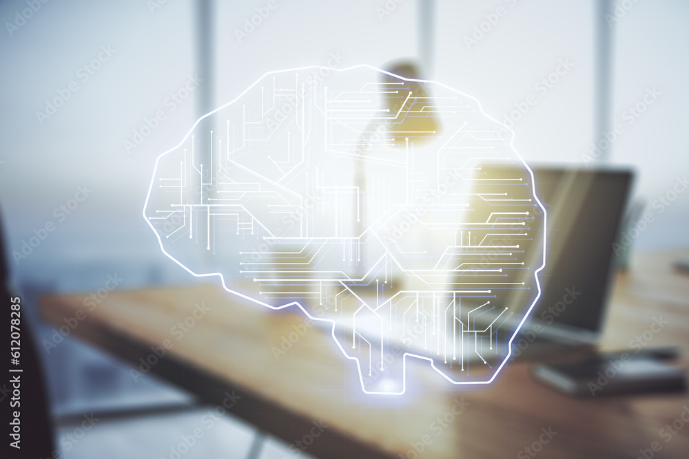 Poster Creative artificial Intelligence concept with human brain sketch on modern computer background. Double exposure