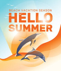 dolphins jump into the sea against the background of the sunset. Vacation at sea, travel and vacation concept. Gradient. Vector illustration