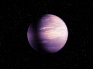 Extrasolar Planet a few light years from Earth. Realistic exoplanet covered with clouds. Alien world in the depths of space.