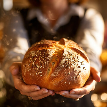 Woman holding fresh baked bread, generative AI