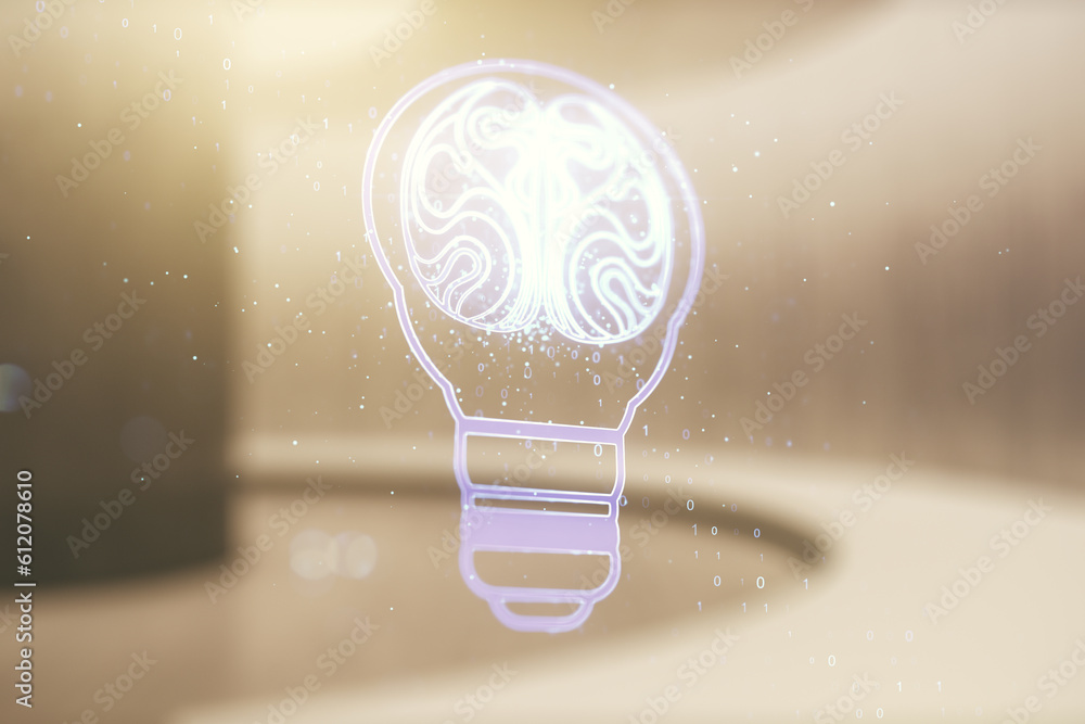 Aufkleber abstract virtual idea concept with light bulb and human brain illustration on empty corporate office