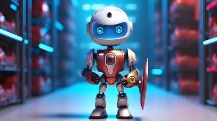 cute little robot holding a shield defending a server rack in the background