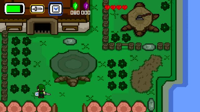 Animation of a 16-bit old style game with a boy in a green hat with a sword and shield walks on the map and enters the house, forest, pixel art, game.