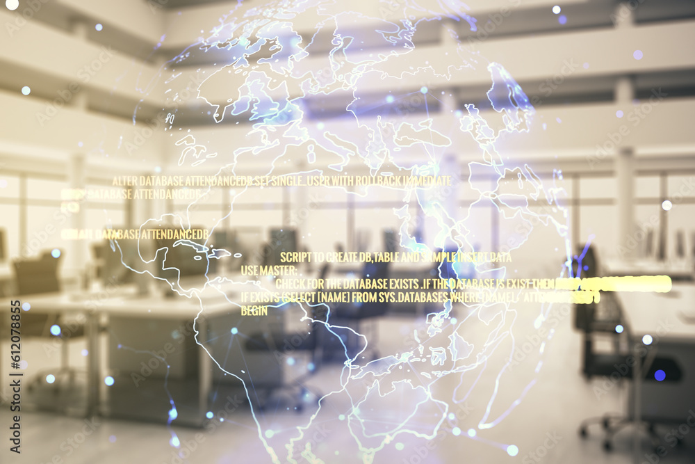 Poster multi exposure of abstract programming language hologram and world map on a modern furnished office 