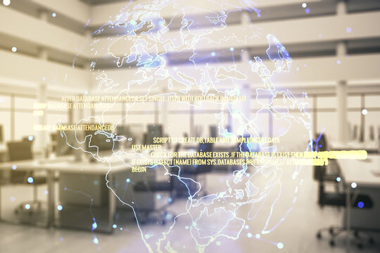 Multi exposure of abstract programming language hologram and world map on a modern furnished office interior background, artificial intelligence and neural networks concept