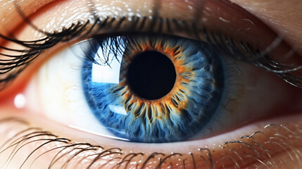 Menschliches Auge, Close-Up, Zoom, intensive grüne und blaue Iris / Regenbogenhaut im Auge. Generative AI
