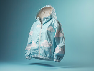 windbreaker clothes promotional photo beautiful electronic commercial photography , blue background, studio photo, clean design, pastel colors 