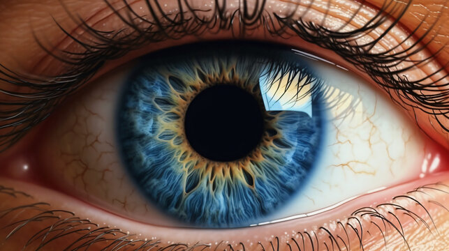 Menschliches Auge, Close-Up, Zoom, intensive gr&uuml;ne und blaue Iris / Regenbogenhaut im Auge. Generative AI