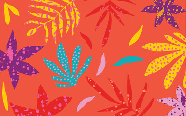 Abstract modern tropical pattern with bright leaves, vibrant flowers and exotic plants. Summer botanical background with colorful cutout shapes vector illustration